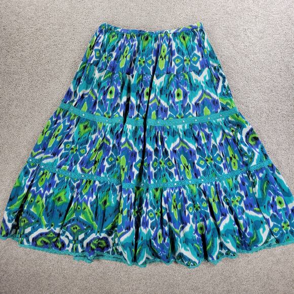Vintage Notations A-line Skirt Womens L Blue Boho Watercolor Tiered Flowy Hippie - Picture 11 of 16